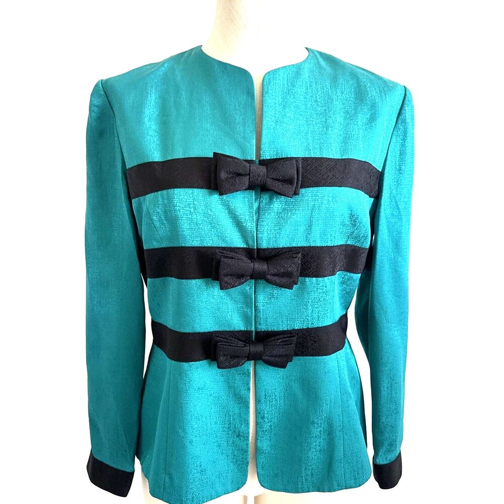 Adrianna Papell Silk Blazer Jacket Green Black Bows 8P